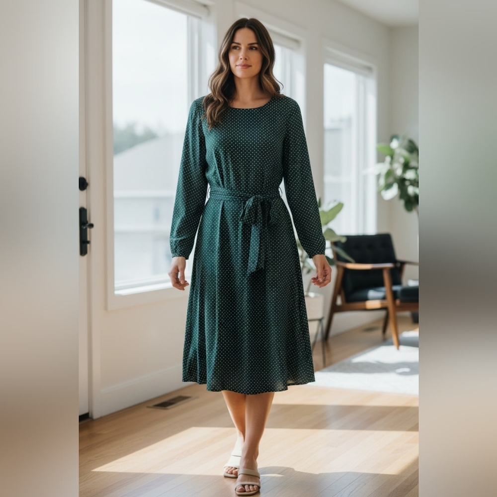 Chic Teal Polka Dot Long Sleeve Dress